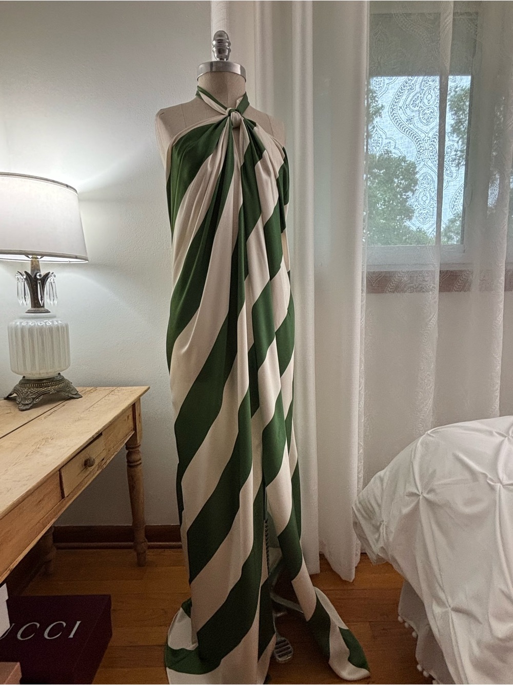Ronny Kobo Chantel Green and Cream Striped Halter Maxi Dress, XL, VGUC